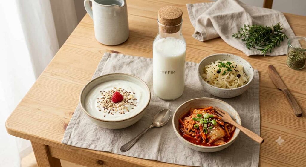 Probiotische Lebensmittel wie Kefir, Naturjoghurt, Sauerkraut und Kimchi auf einem Holztisch angerichtet