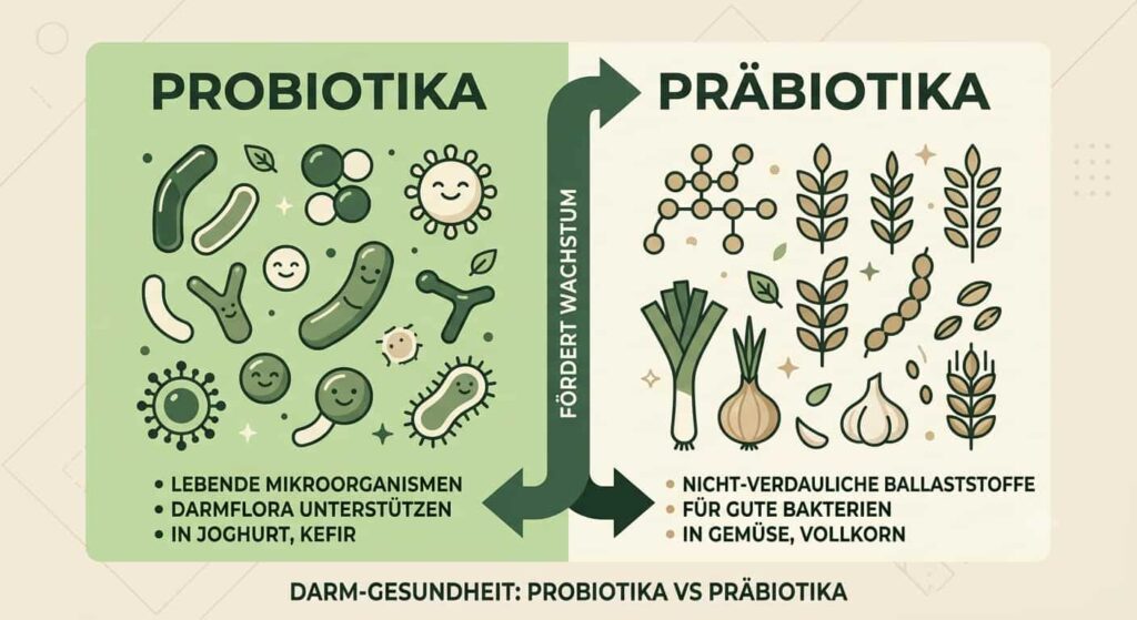 Infografik zum Unterschied zwischen Probiotika und Präbiotika im Darm