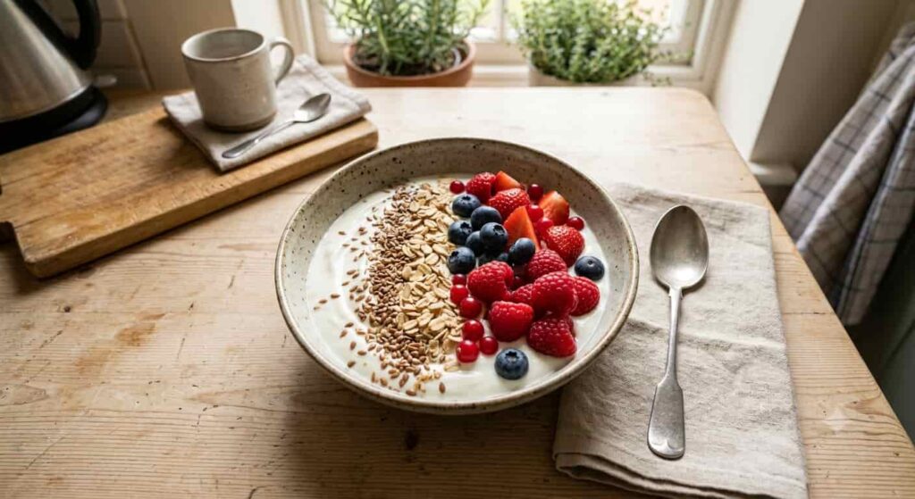 Synbiotisches Frühstück aus Naturjoghurt, Haferflocken und Leinsamen als Kombination aus Probiotika und Präbiotika