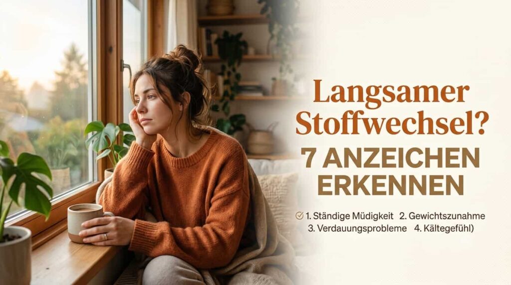 Feature-Bild zum Artikel Langsamer Stoffwechsel Anzeichen mit deutscher Textüberlagerung.