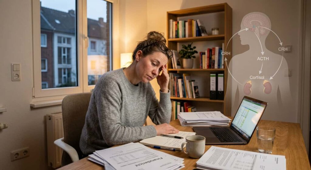 Frau am Arbeitsplatz unter chronischem Stress mit Illustration der HPA-Achse zur Cortisolregulation