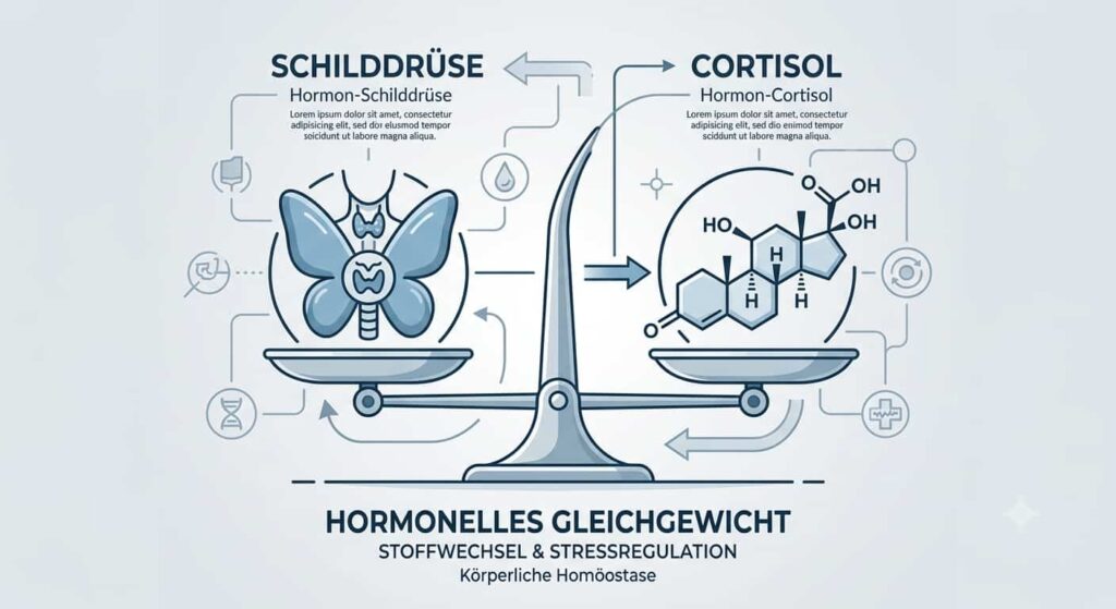 Symbolische Darstellung der Balance zwischen Schilddrüsenfunktion und Cortisolspiegel im Stoffwechsel