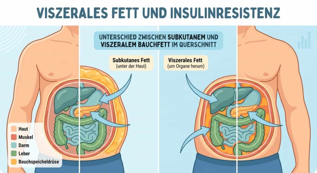 Infografik zeigt Zusammenhang zwischen viszeralem Bauchfett und Insulinresistenz im Stoffwechsel