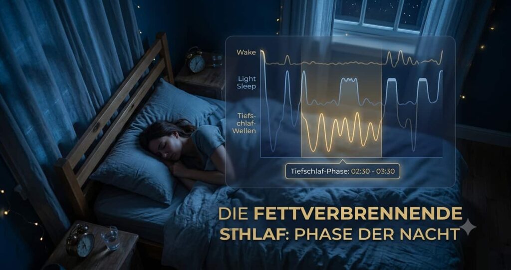 Schlafende Person mit visualisierten Tiefschlafphasen als Symbol für nächtliche Wachstumshormon-Ausschüttung