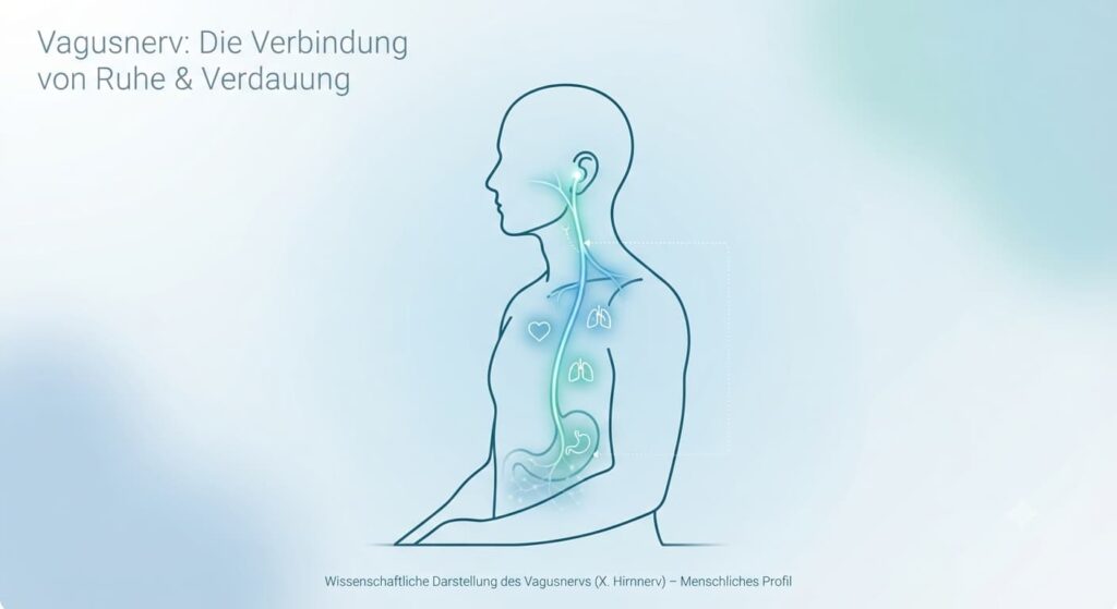Illustration des Vagusnervs als Verbindung zwischen Ohr, Gehirn und Bauch zur Erklärung der Darm-Hirn-Achse