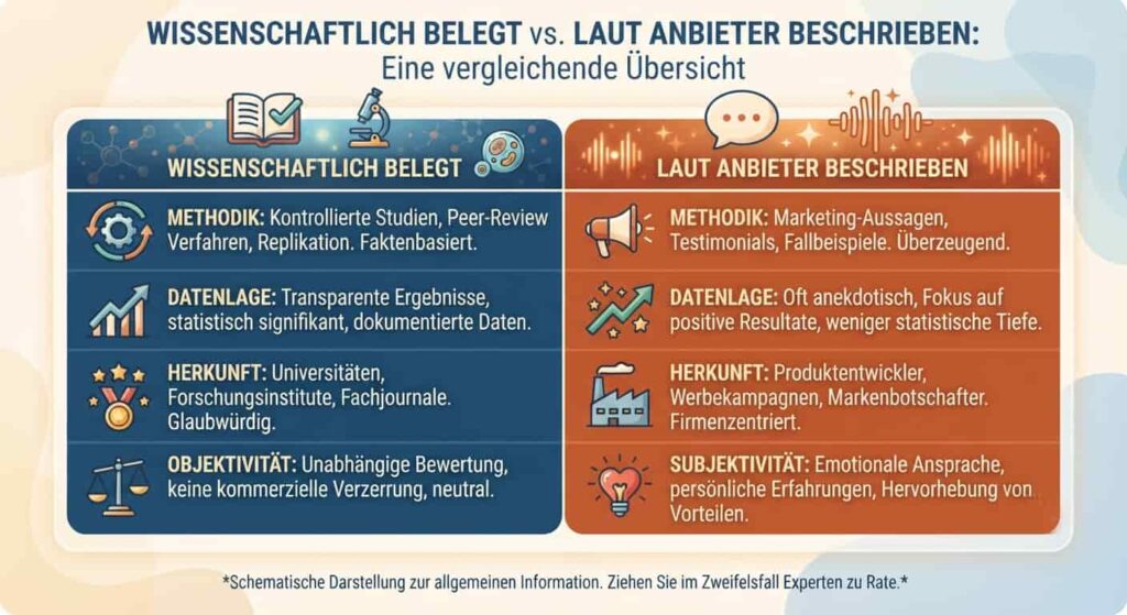 Infografik zur Einordnung wissenschaftlich belegter Fakten versus anbieterseitiger Aussagen zum Wirkmechanismus der Klangheilung