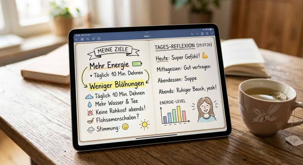Digitales Erfahrungstagebuch mit Notizen zu Verbesserungen nach der Magen-Darm-Edition.