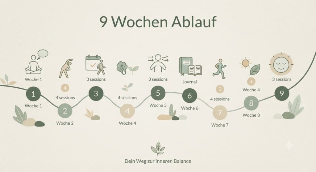 Zeitstrahl zeigt den 9-wöchigen Ablauf der Magen-Darm-Edition mit Sessions pro Woche
