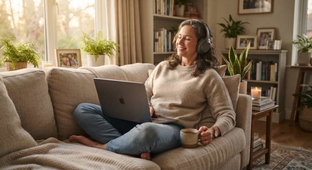 Frau hört eine Session der Magen-Darm-Edition entspannt auf dem Sofa