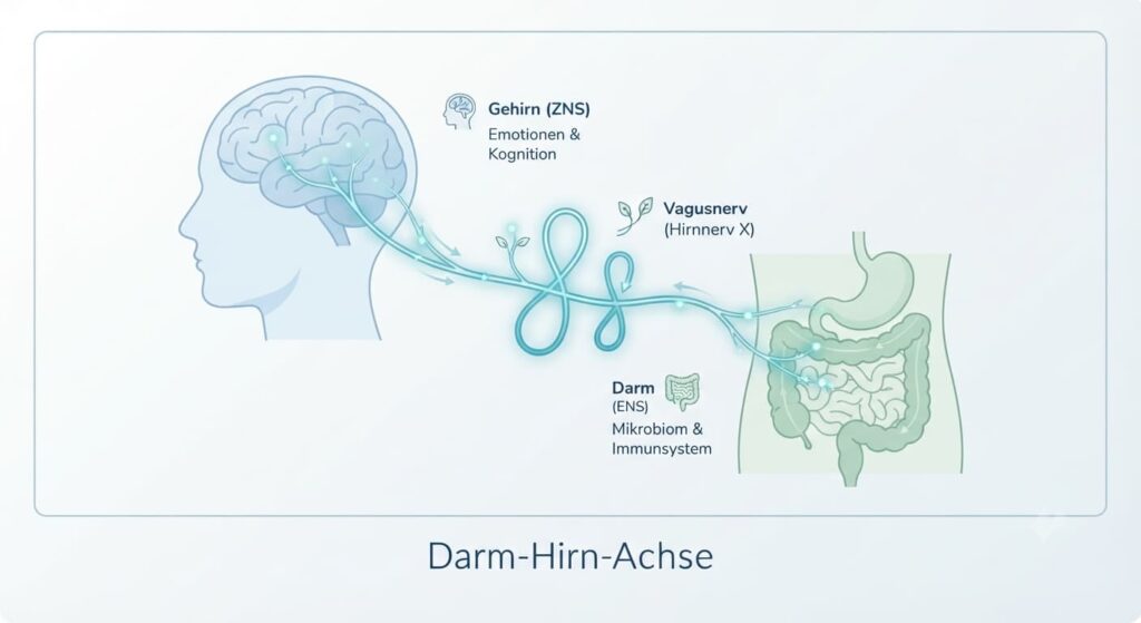 Illustration der Darm-Hirn-Achse mit Vagusnerv als Verbindung zwischen Gehirn und Verdauungstrakt