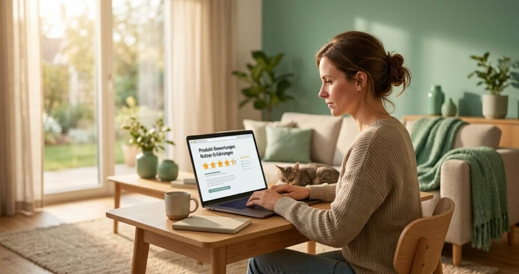 Frau prüft am Laptop unabhängige Bewertungen, bevor sie eine Kaufentscheidung zur Magen Darm Edition trifft.