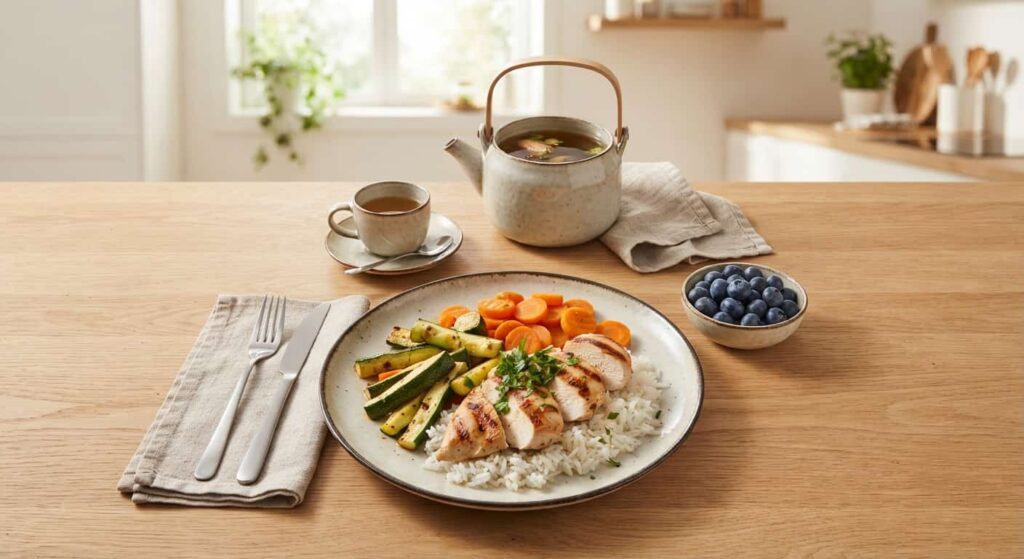 FODMAP-arme Ernährung zur Schonung von Stoffwechsel und empfindlichem Darm – Beispielgericht mit Reis, Hähnchen und Gemüse