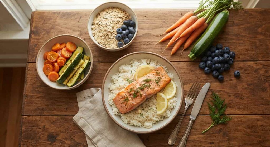 FODMAP-arme Lebensmittel wie Karotten, Zucchini, Reis und Heidelbeeren auf einem Holztisch angerichtet