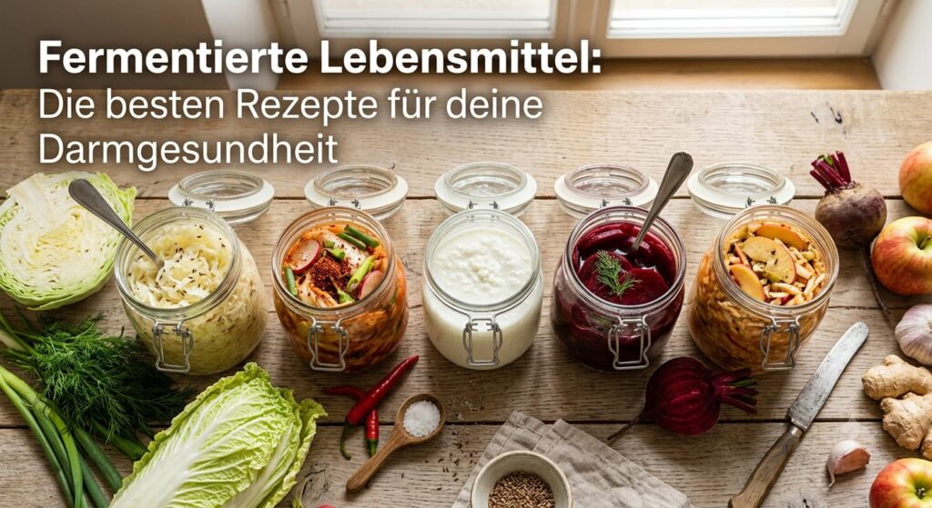 Flatlay mit fünf verschiedenen selbstgemachten fermentierten Lebensmitteln zur Unterstützung der Darmgesundheit