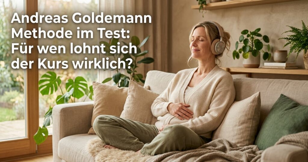 Frau entspannt sich mit Kopfhörern auf dem Sofa während einer energetischen Klangsession für die Magen-Darm-Gesundheit