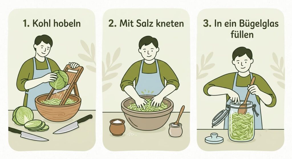 Illustration der drei Schritte zur Herstellung von selbstgemachtem Sauerkraut als fermentiertem Lebensmittel