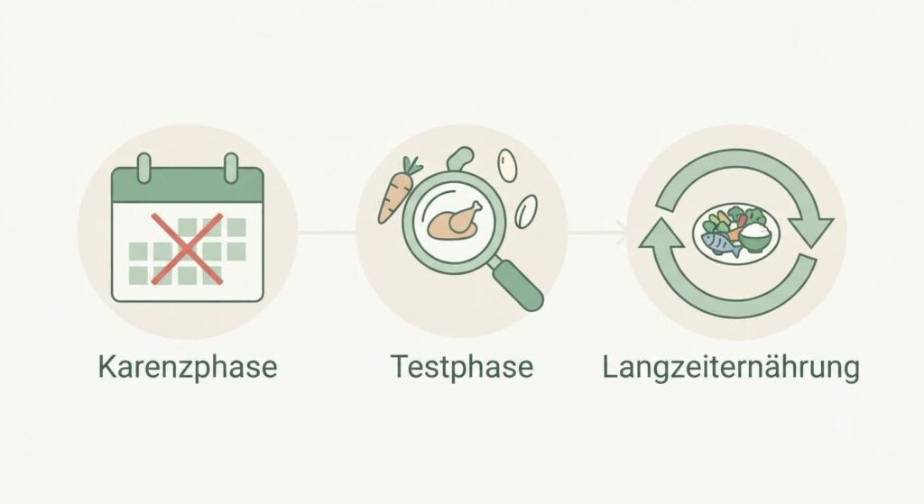 Infografik der drei Phasen einer FODMAP-armen Ernährung – Karenzphase, Testphase, Langzeiternährung