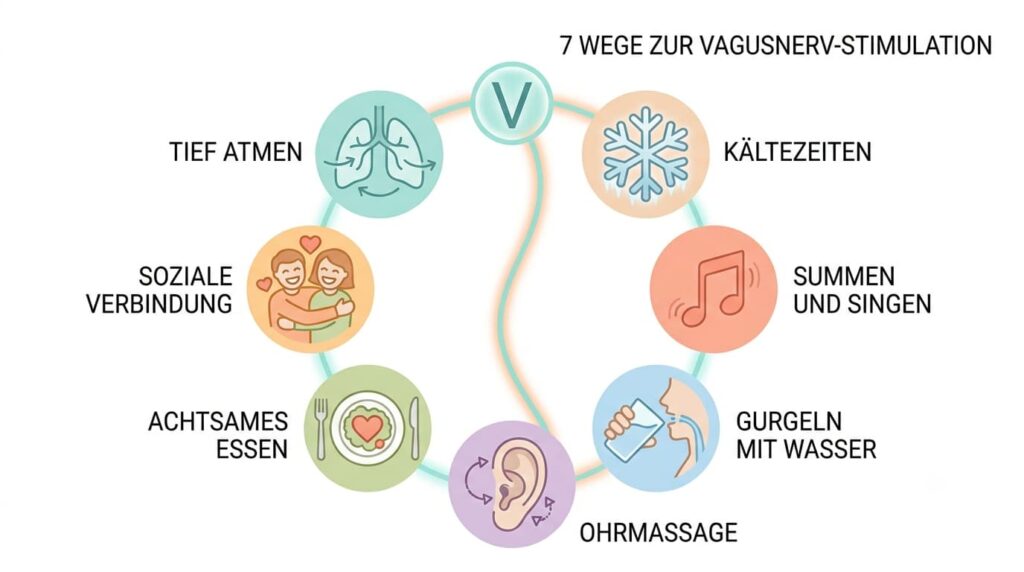 Infografik mit sieben Übungen, um den Vagusnerv für die Darmgesundheit zu aktivieren