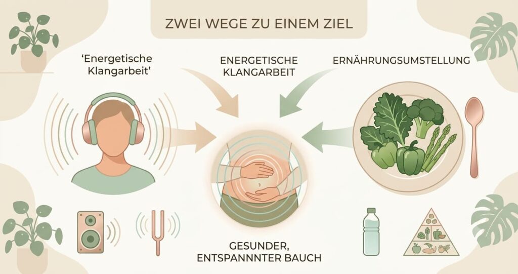 Infografik zeigt zwei unterschiedliche Wege zur Darmgesundheit – energetische Methode und Ernährungsumstellung