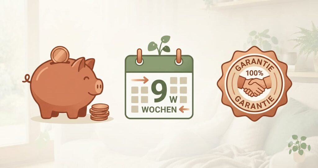 Icon-Set zu Preis, Kursdauer von neun Wochen und Zufriedenheitsgarantie der Magen-Darm-Edition
