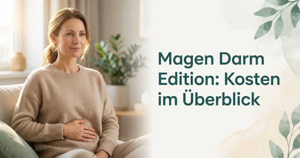 Eine entspannte Person hält die Hand auf den Bauch in sanftem Licht. Moderner, heller Header für einen Gesundheitsblog in Beige, Grün und Gold mit dem