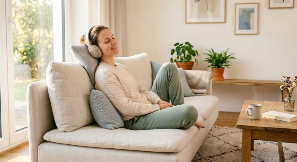Frau entspannt sich mit Kopfhörern während einer energetischen Session für die Magen-Darm-Gesundheit