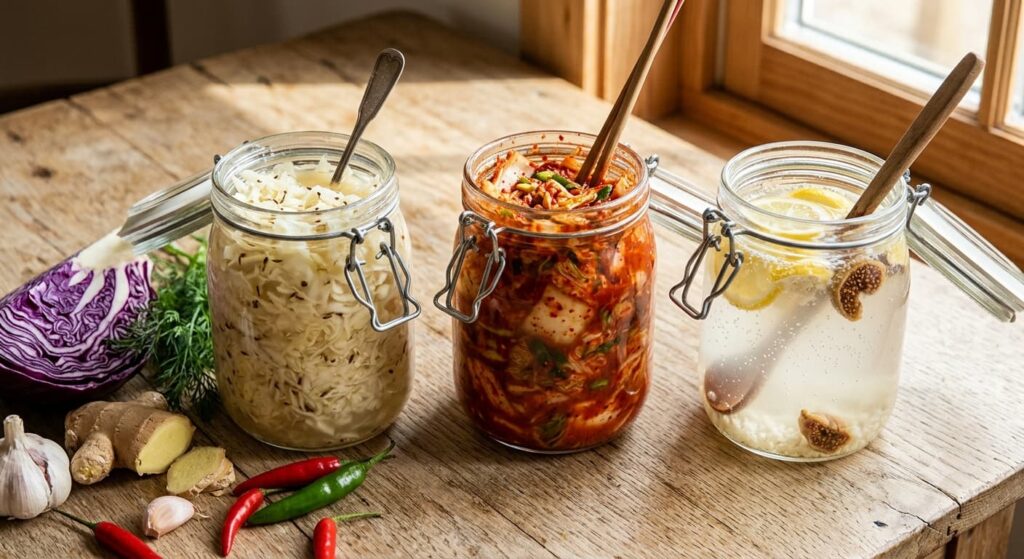 Selbstgemachtes Sauerkraut und Kimchi in Einmachgläsern als Beispiel für milchsauer vergorene Kost zur Unterstützung der Darmgesundheit