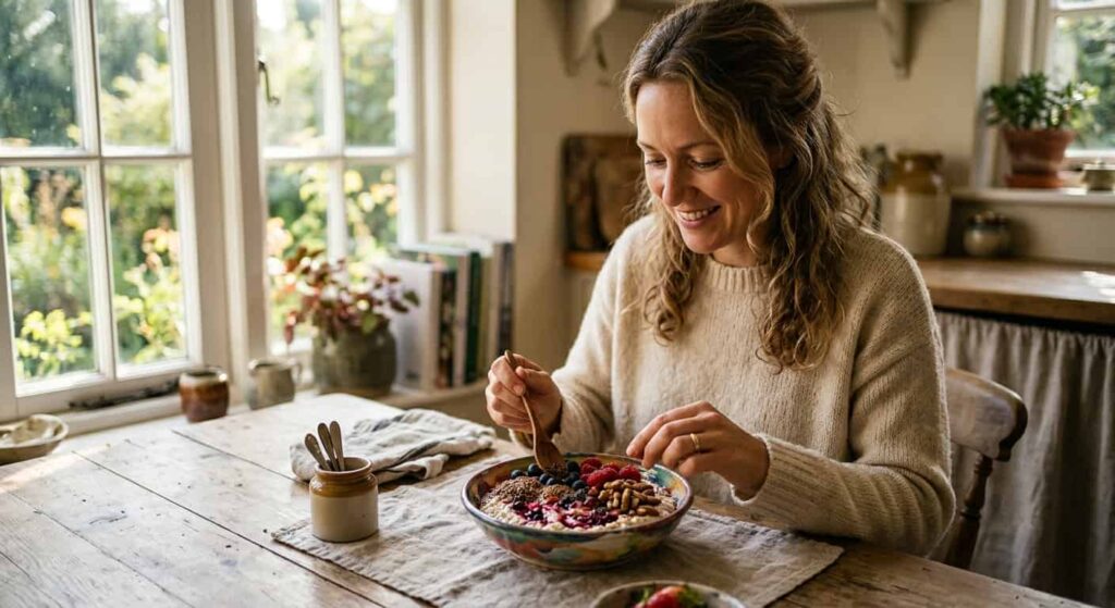 Ballaststoffreiches Frühstück mit Haferflocken, Beeren und Leinsamen zum Ballaststoffe-Aufbauen