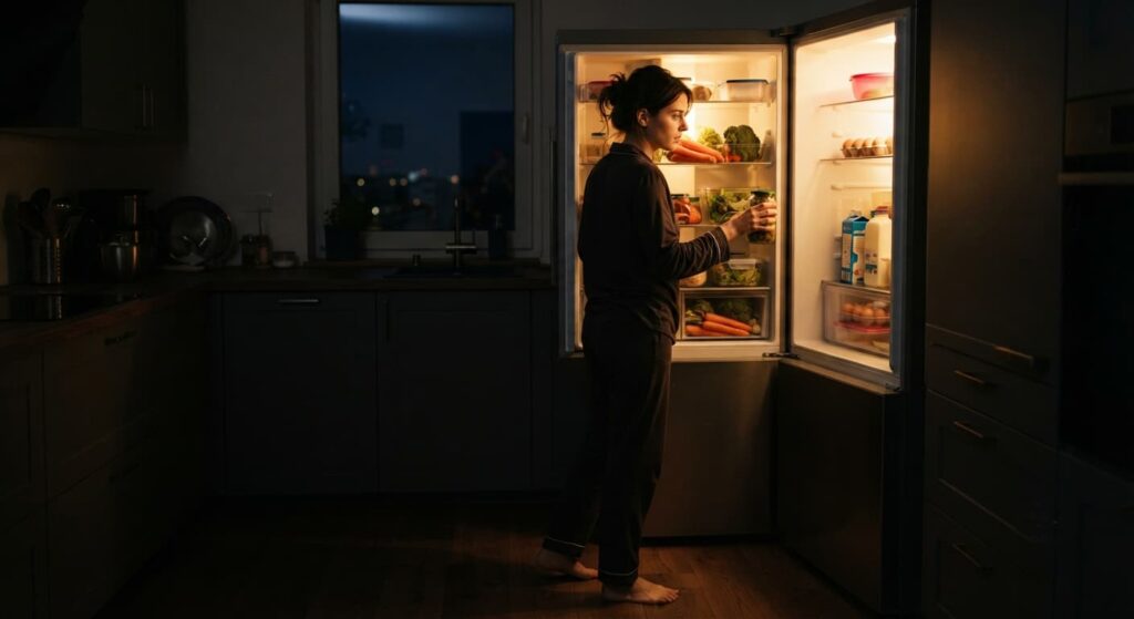 Frau öffnet nachts den Kühlschrank auf der Suche nach einem Snack als Symbolbild für nächtliches Essverhalten