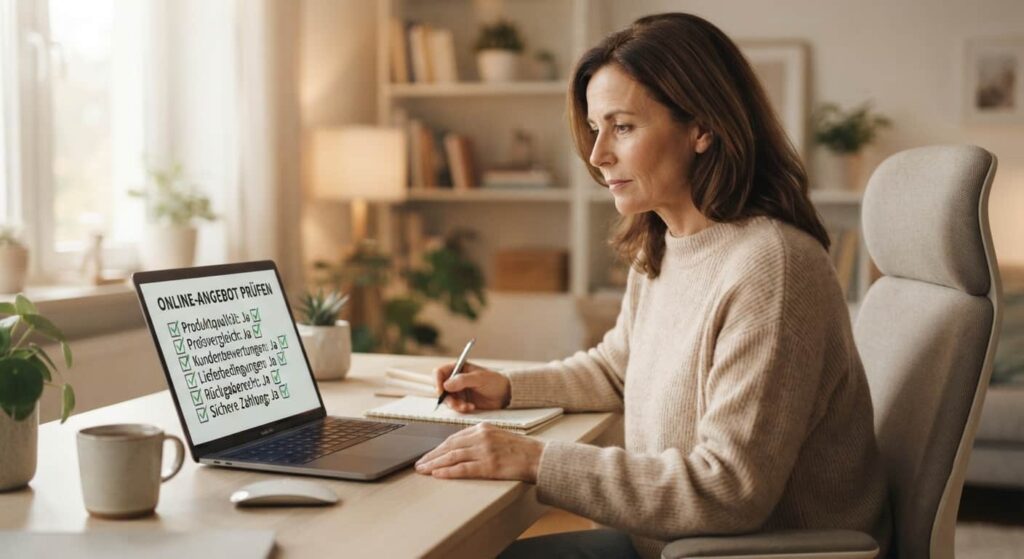 Frau prüft am Laptop eine Checkliste, bevor sie die Magen Darm Edition kauft.