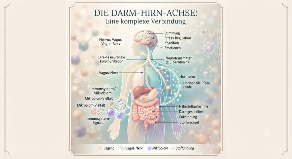 Illustration der Darm-Hirn-Achse als wissenschaftlicher Hintergrund zur Magen Darm Edition.