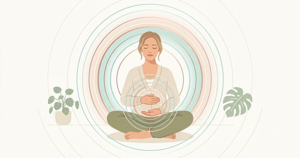 Illustration einer entspannten Person, die energetische Klangwellen im Bauchbereich während einer Session wahrnimmt