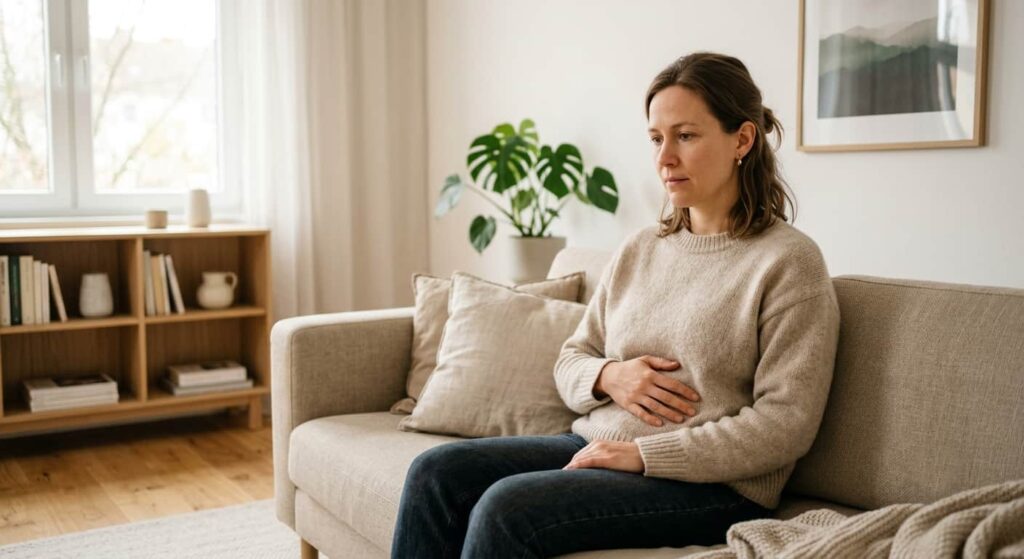 Frau hält sich den Bauch als Symbolbild für belastende Reizdarmsymptome