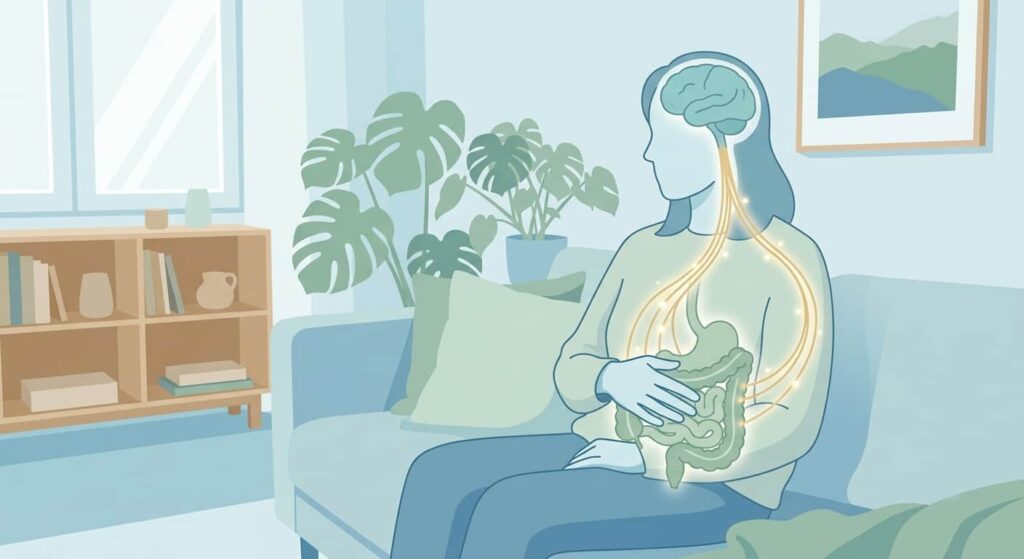 Illustration der Darm-Hirn-Achse als wissenschaftlicher Hintergrund bei Reizdarm-Symptomen