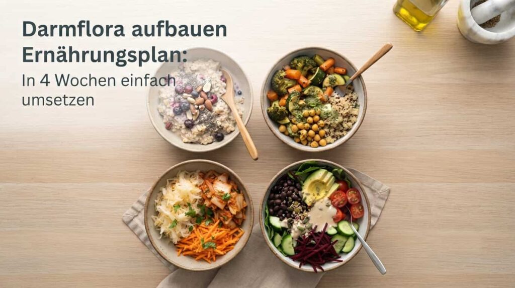 Feature-Bild zum 4-Wochen Darmflora aufbauen Ernährungsplan mit Beispielgerichten aus jeder Woche