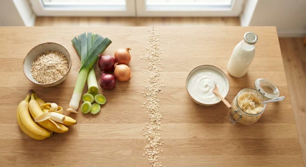 Fermentierte Lebensmittel wie Sauerkraut, Kimchi und Kefir für Woche 3 des Darmflora-Ernährungsplans