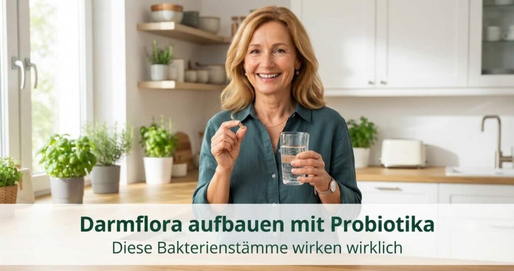 Frau nimmt eine Probiotika-Kapsel zum Darmflora-Aufbau, Feature-Bild mit deutschem Textoverlay