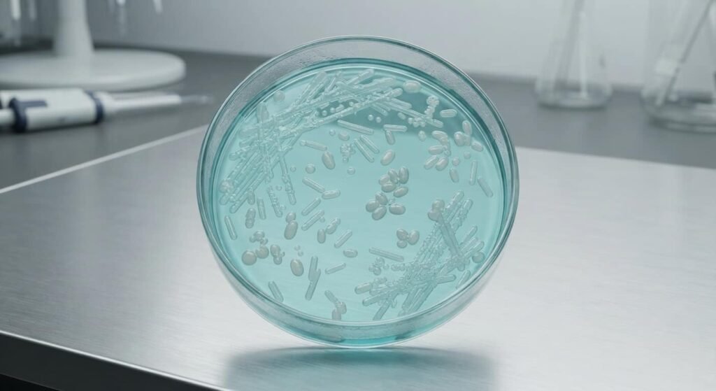 Mikroskopische Darstellung verschiedener Probiotika-Bakterienstämme in Blau- und Grüntönen