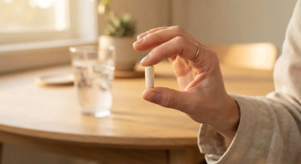Darmflora aufbauen mit Probiotika: Hand hält eine Probiotika-Kapsel vor einem Glas Wasser zur täglichen Einnahme