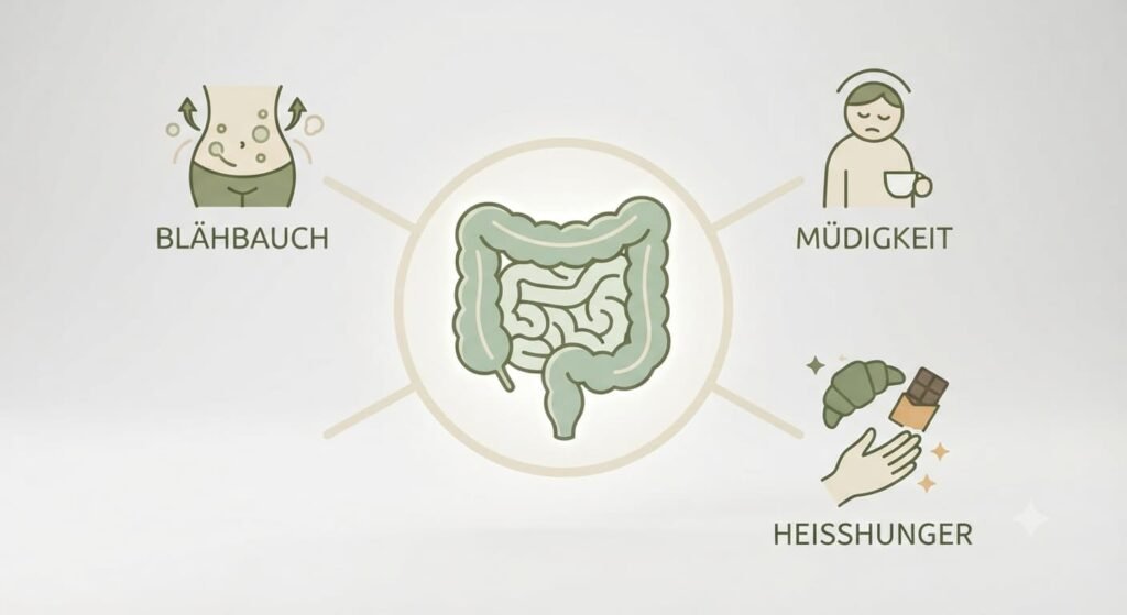 Illustration typischer Dysbiose-Symptome rund um ein stilisiertes Darm-Symbol