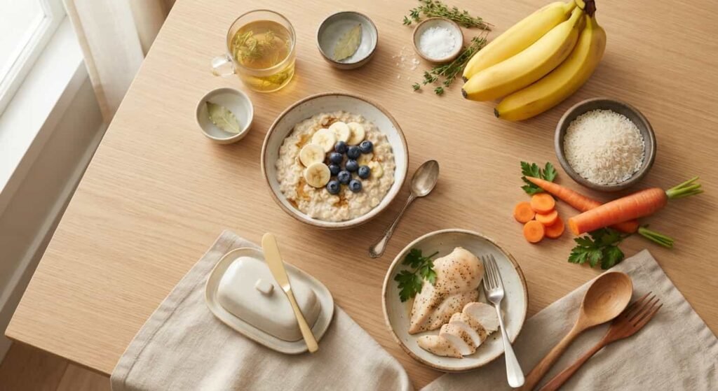 Reizdarmfreundliche Lebensmittel wie Haferflocken, Bananen und Karotten auf einem Holztisch angerichtet