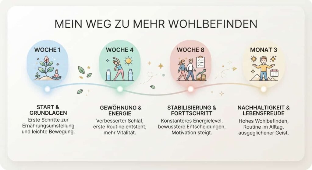 Zeitstrahl zur Wirkung einer Darm-Ernährungsumstellung über mehrere Wochen