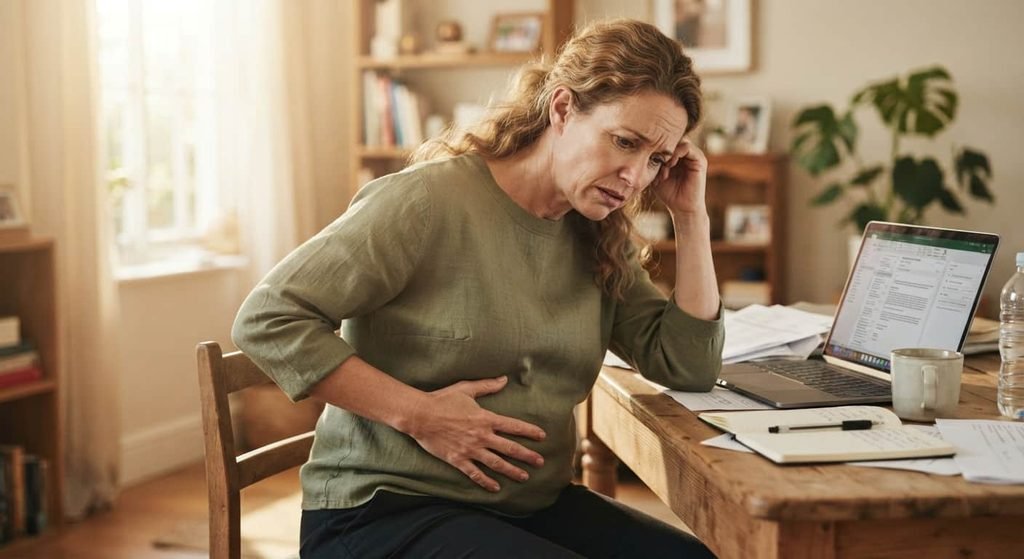 Frau hält sich gestresst den aufgeblähten Bauch am Schreibtisch