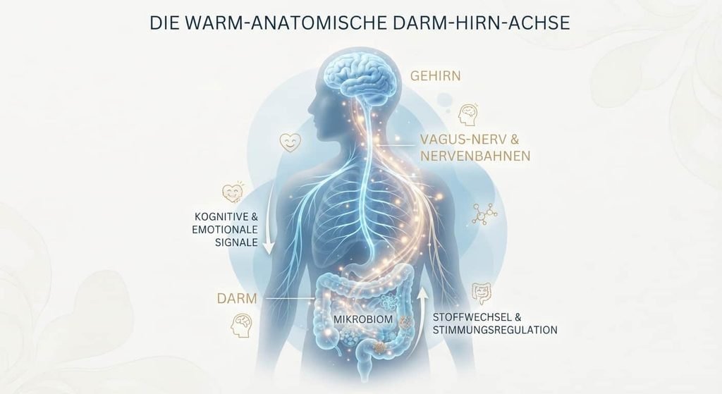 Illustration der Darm-Hirn-Achse zwischen Kopf und Bauch