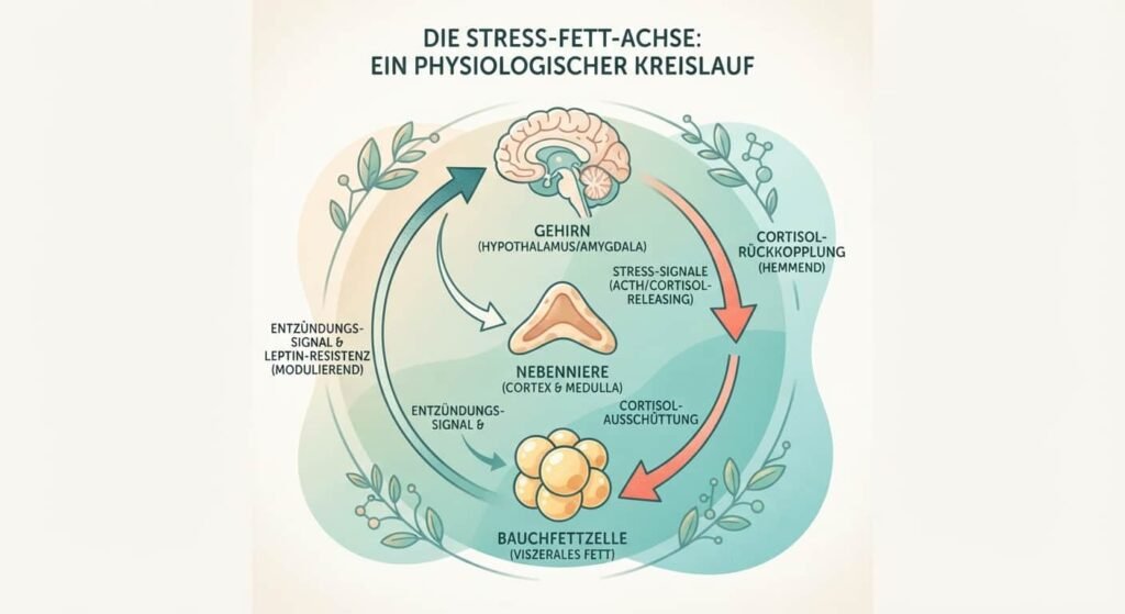 Illustration des Kreislaufs zwischen Stresshormonen und Bauchfett