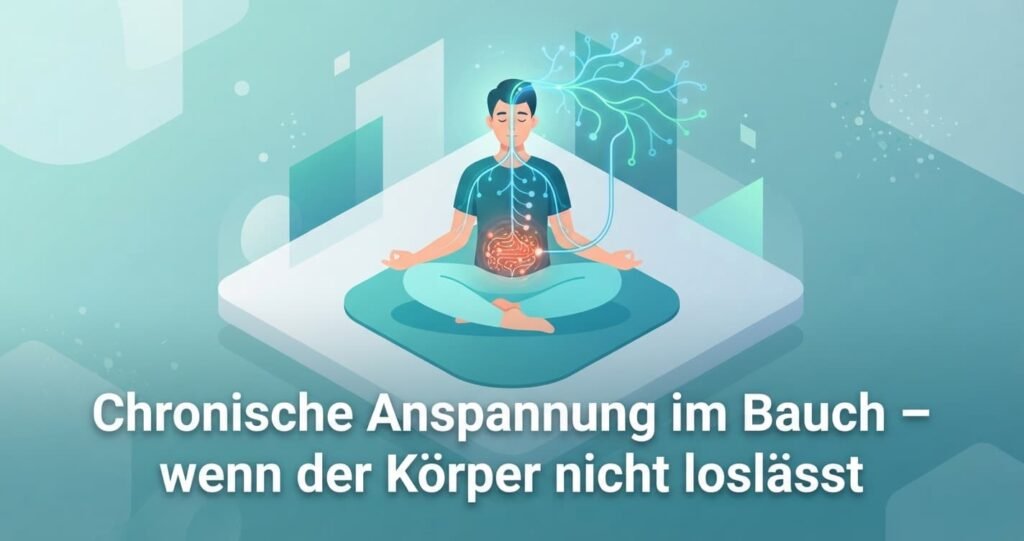 in klarer serifenloser Schrift: "Chronische Anspannung im Bauch – wenn der Körper nicht loslässt", isometrischer Grafikstil, deutlich abweichend vom fotorealistischen Stil bisheriger Artikel.