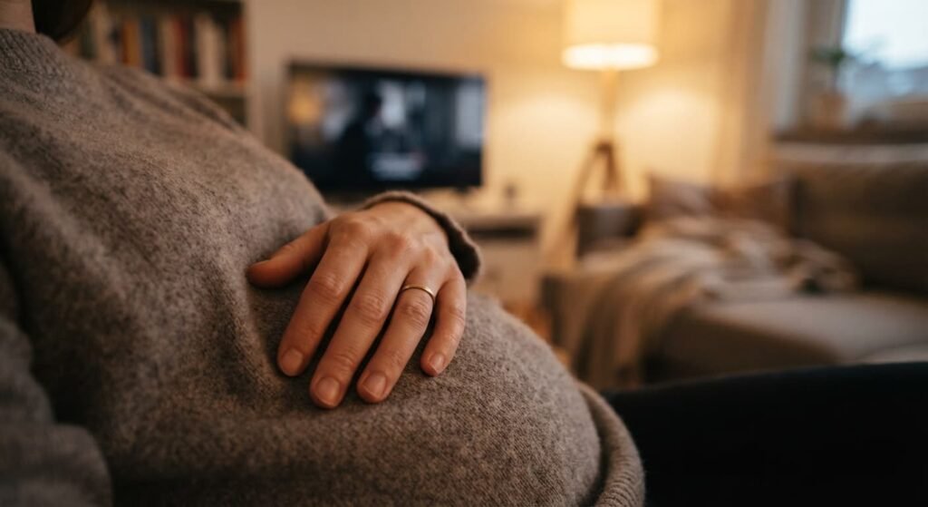 Hand ruht beruhigend auf dem Bauch als Symbol für bewusstes Loslassen bei Stress