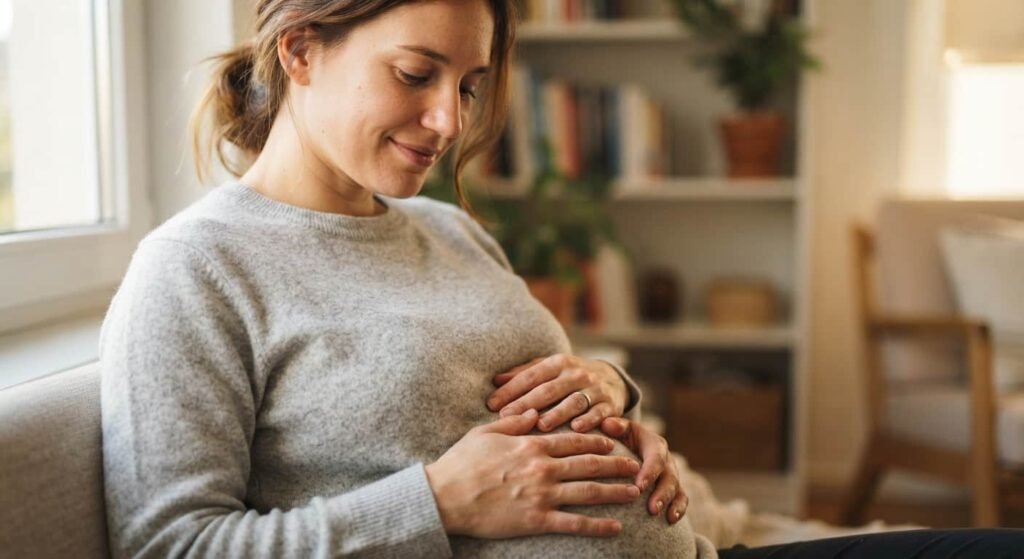 Frau spürt ein Bauchgefühl und legt die Hand auf den Bauch
