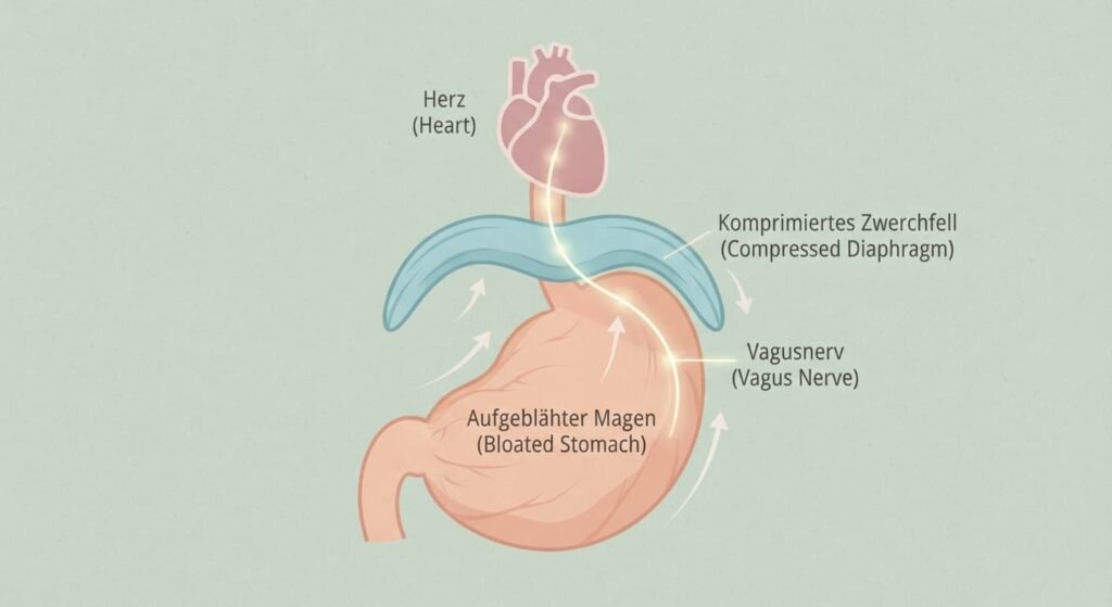Schematische Darstellung des Roemheld-Syndroms mit Druck auf Zwerchfell und Vagusnerv