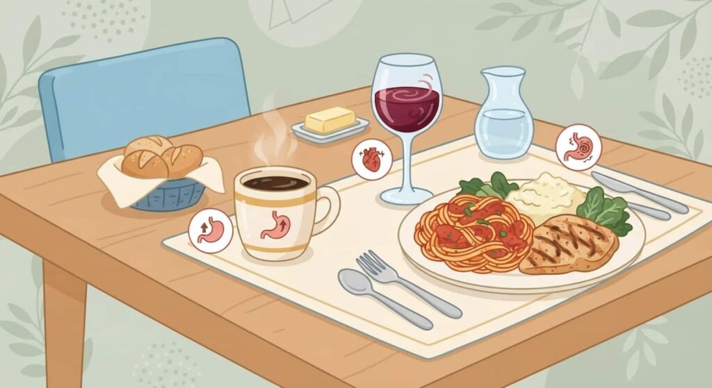 Typische Auslöser für Herzklopfen nach dem Essen wie Kaffee, Alkohol und üppige Mahlzeiten